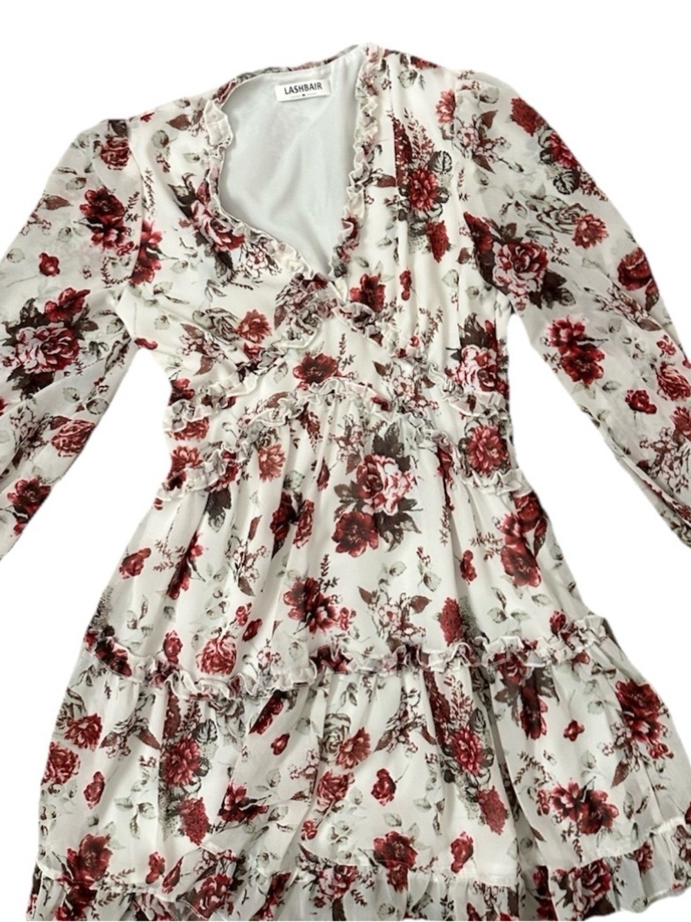 Lashbair Women's White Floral Ruffle Tiered Dress - Burgundy Rose Print